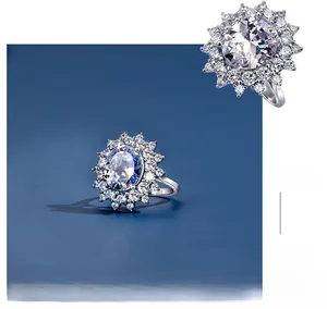 Macro detail of S925 silver halo ring featuring an oval-cut center stone and pave diamonds