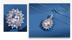 Macro view of S925 silver bridal pendant necklace with oval main stone and halo setting