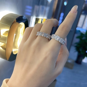 Sparkling S925 sterling silver square zircon rings with pave set diamonds on fingers