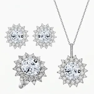 925 Sterling Silver Sunflower Necklace Earrings Ring Jewelry For Women Luxury Oval Rhinestone Bridal Wedding Accessories