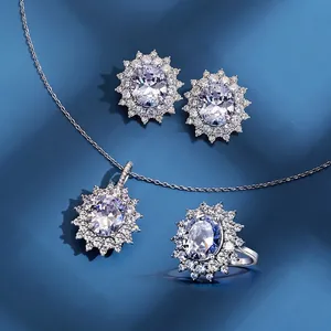 S925 sterling silver jewelry set with oval cluster necklace, earrings and ring