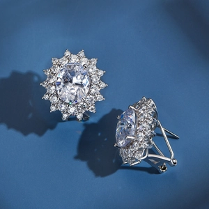 Elegant S925 sterling silver sunflower earrings with oval zircon and diamond halo