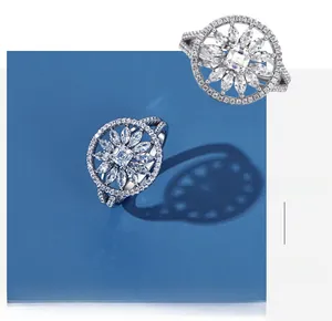 Detailed macro view of S925 sterling silver flower ring with square cut center zircon