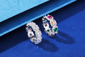 Detail of S925 sterling silver rings with colorful square-cut stones and pavé diamonds