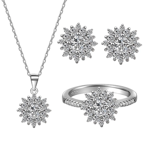 Sparkling 925 sterling silver snowflake jewelry set with necklace earrings and ring
