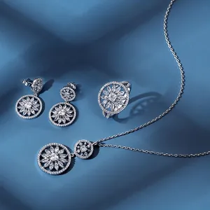 S925 sterling silver jewelry set featuring snowflake pendant necklace, earrings and ring