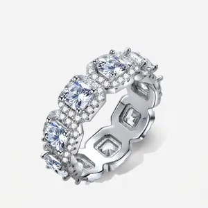 Luxury Square Zirconia Eternity Ring 925 Sterling Silver Micro-set Halo Engagement Finger Ring For Women Anniversary Gift