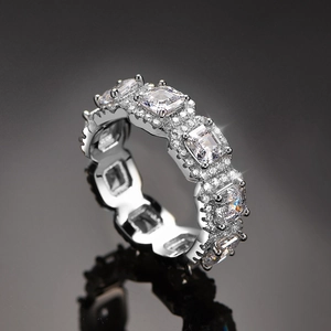 Luxurious S925 sterling silver ring with square-cut cubic zirconia and pavé halo setting