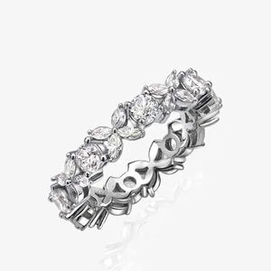 Bague Éternité en Argent Sterling 925 pour Femme Luxe Marquise Taille Ronde Strass Bande Design Dentelle Bijoux Mode