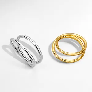 Minimalist 925 Sterling Silver Interlocking Double Layer Line Ring For Women Chic Geometric Electroplated Finger Ring Jewelry