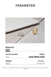 Technical specifications for S925 sterling silver spiral ring in gold and white gold finishes