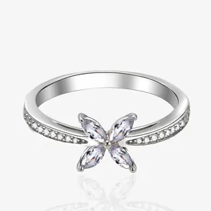 Bague Trèfle à Quatre Feuilles en Argent Sterling 925 pour Femme Zirconia Marquise Micro-Incrusté Bijoux Floraux Mode Bague