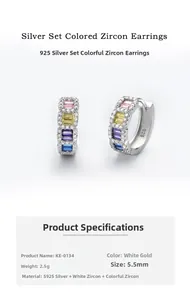 Detail view of 925 silver hoop earrings featuring colorful rectangle zircons and white stones