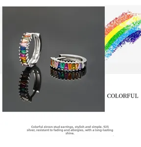 Close-up of S925 sterling silver hoop earrings set with vibrant multi-colored cubic zirconia