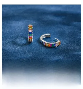 Close-up of S925 sterling silver hoop earrings with colorful rectangular zircons