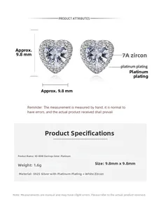 Détail de boucles d'oreilles cœur en argent S925 de 9,8mm avec zircone cubique de grade 7A
