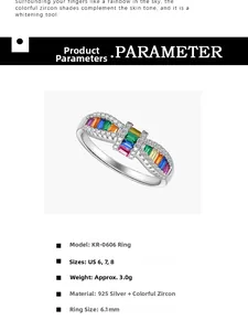 Detailed view of S925 silver ring featuring rainbow zircons and 6.1mm setting width