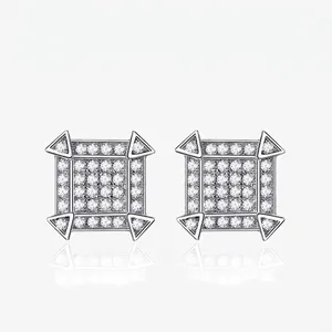 Boucles d'Oreilles Puces Carrées en Argent Sterling 925 pour Hommes Femmes Hip Hop Iced Out Géométrique Strass Bijoux
