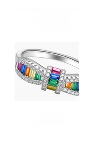 Macro view of micro-pave silver ring with rainbow rectangular high-carbon diamonds