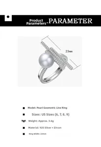 Detail view of 925 sterling silver ring with large pearl, cubic zirconia, and geometric lines