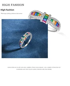 Detail view of S925 sterling silver ring with colorful rainbow high-carbon stones