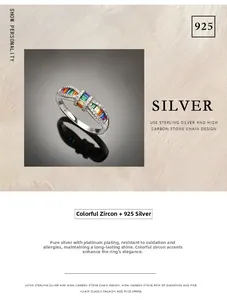 Detailed macro view of S925 silver ring featuring rainbow colored cubic zirconia stones
