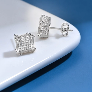 Boucles d'oreilles carrées en argent sterling 925 avec pavé de zircons style hip hop