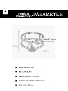 Detailed technical drawing of 925 silver double-layered ring with pearl and zircon