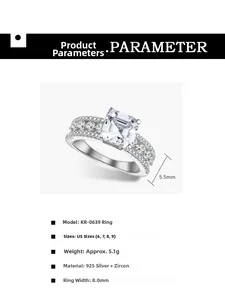 Detail view of s925 silver ring with 8mm square zircon and product dimension labels