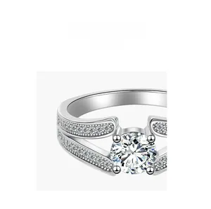 Macro view of V-shaped S925 silver ring with large round zircon and double-track setting