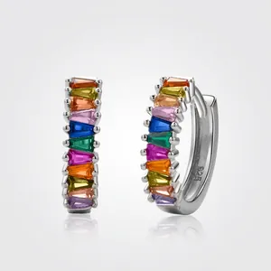 925 Sterling Silver Rainbow Rhinestone Hoop Earrings Baguette Cut Colorful Huggie Earrings For Women Fashion Jewelry Gift