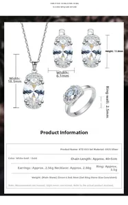 Detailed dimensions of S925 silver jewelry set featuring oval zircon necklace and earrings