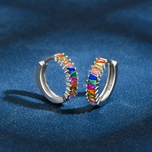 S925 sterling silver rainbow hoop earrings with colorful baguette-cut cubic zirconia