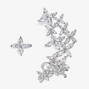 925 Sterling Silver Flower Stud Earrings Asymmetrical Zirconia Ear Crawler Set For Women Sparkling Floral Fashion Jewelry