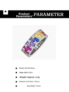 Detailed size chart for the multi-color 925 silver and zircon band ring, model KR-0610