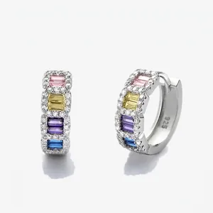 925 Sterling Silver Rainbow Rhinestone Hoop Earrings Colorful High Carbon Rhinestone Huggie Earrings For Women Fashion Jewelry
