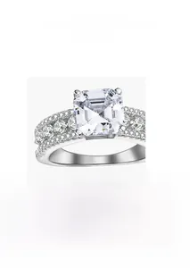 Macro detail of square-cut high-carbon diamond ring with pave-set stones in silver