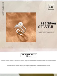 Detail of 925 sterling silver double-layer ring with pearl and 5A zircon inlay