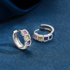 Rainbow 925 sterling silver hoop earrings with multi-color gems and zircon halo