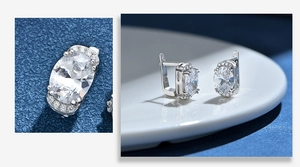 Detailed view of S925 sterling silver oval halo stud earrings with brilliant clear gemstones