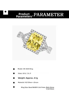 Detailed spec sheet of 925 silver ring with 7x9mm yellow radiant-cut cubic zirconia