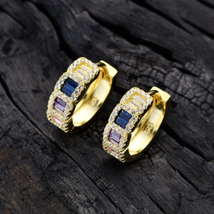 Gold-plated 925 silver hoop earrings with rectangular multi-color sparkling cubic zirconia