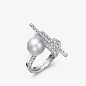 Modern 925 Sterling Silver Artificial Pearl Ring Geometric Zirconia Inlaid Luxury Overstated Jewelry For Wedding Party Women