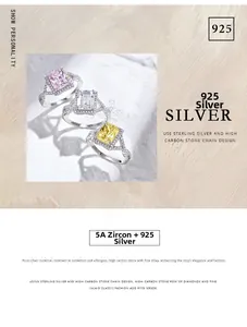 Detailed macro view of S925 silver rings with radiant cut pink white and yellow zircons