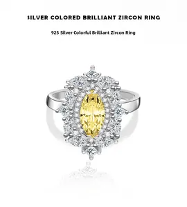 Detail of S925 silver ring featuring a yellow marquise zircon in a floral setting