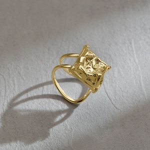 Minimalist irregular lava S925 sterling silver gold ring with open hollow double band