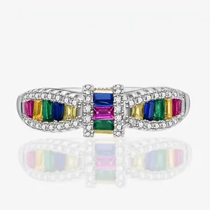 925 Sterling Silver Rainbow Zirconia Ring For Women Baguette Cut Colorful Stone Bow Ring Fashion Jewelry Finger Ring