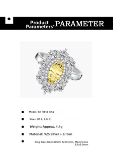 Macro detail of S925 silver halo ring featuring a yellow marquise cut cubic zirconia