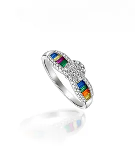 Macro detail of colorful baguette-cut cubic zirconia and sparkling cluster ring
