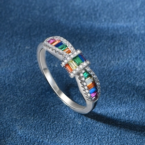 S925 sterling silver rainbow bow ring with colorful gradient stones and pave crystals